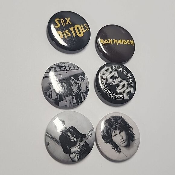 Band Pin Back Buttons The Doors AC/DC Iron Maiden Sex Pistols Led Zepplin - Picture 1 of 3